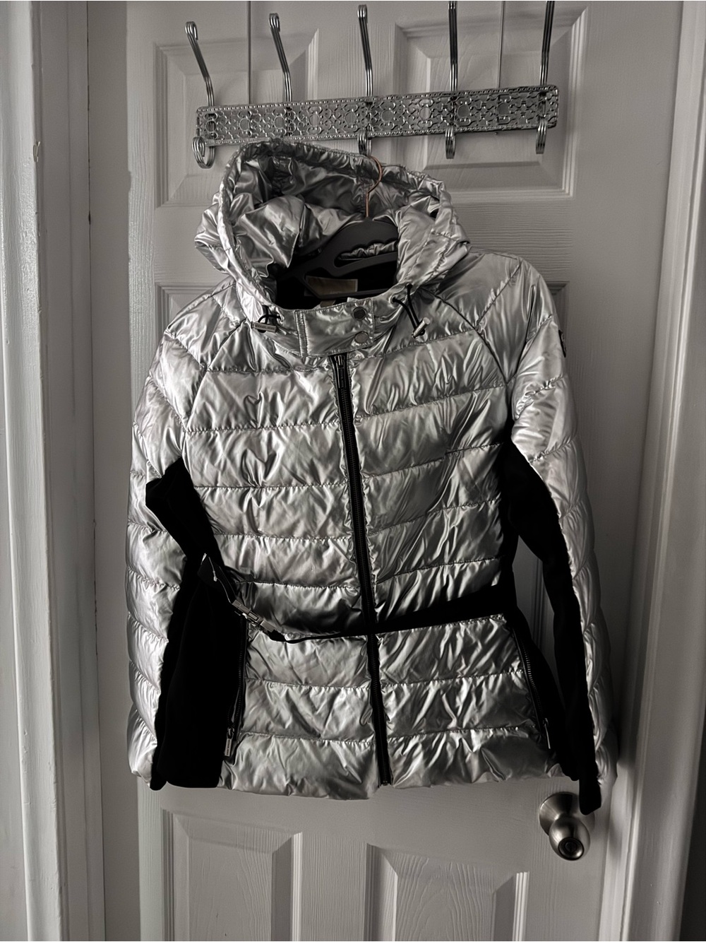 Michael Kors Metallic Silver and Black Quilted Puffer Jacket with Hood
